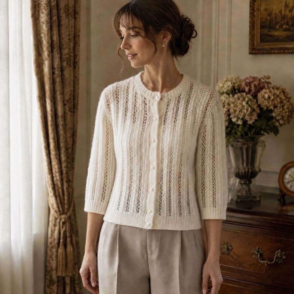 Vintage 50’s 60’s Mohair Wool Open Knit Cardigan Sweater Cream M